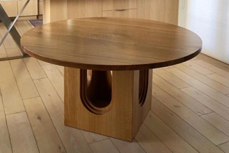 5′ Diameter Rift Oak Dining Table with Custom Base